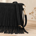 Bolsa Transversal Feminina Pequena Camurça Franjas Boho Caramelo Preta