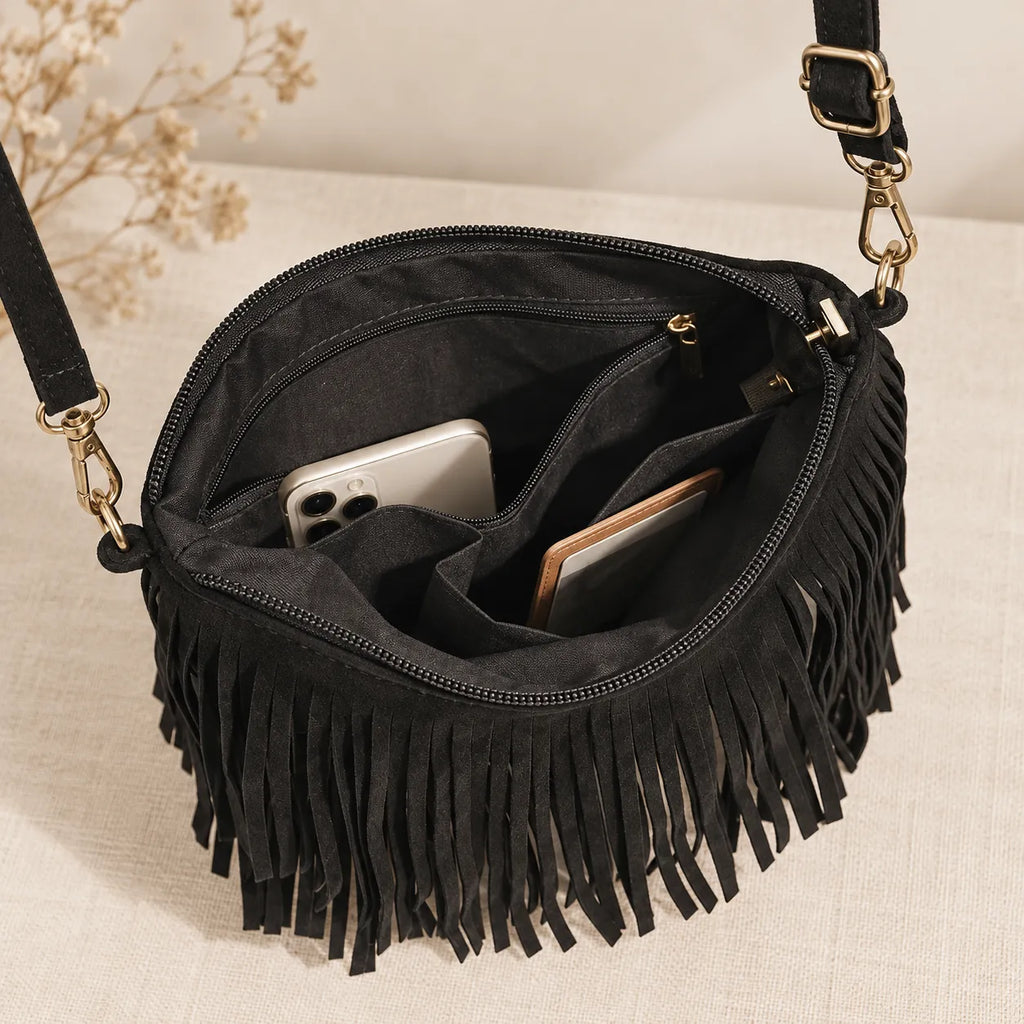 Bolsa Transversal Feminina Pequena Camurça Franjas Boho Caramelo Preta