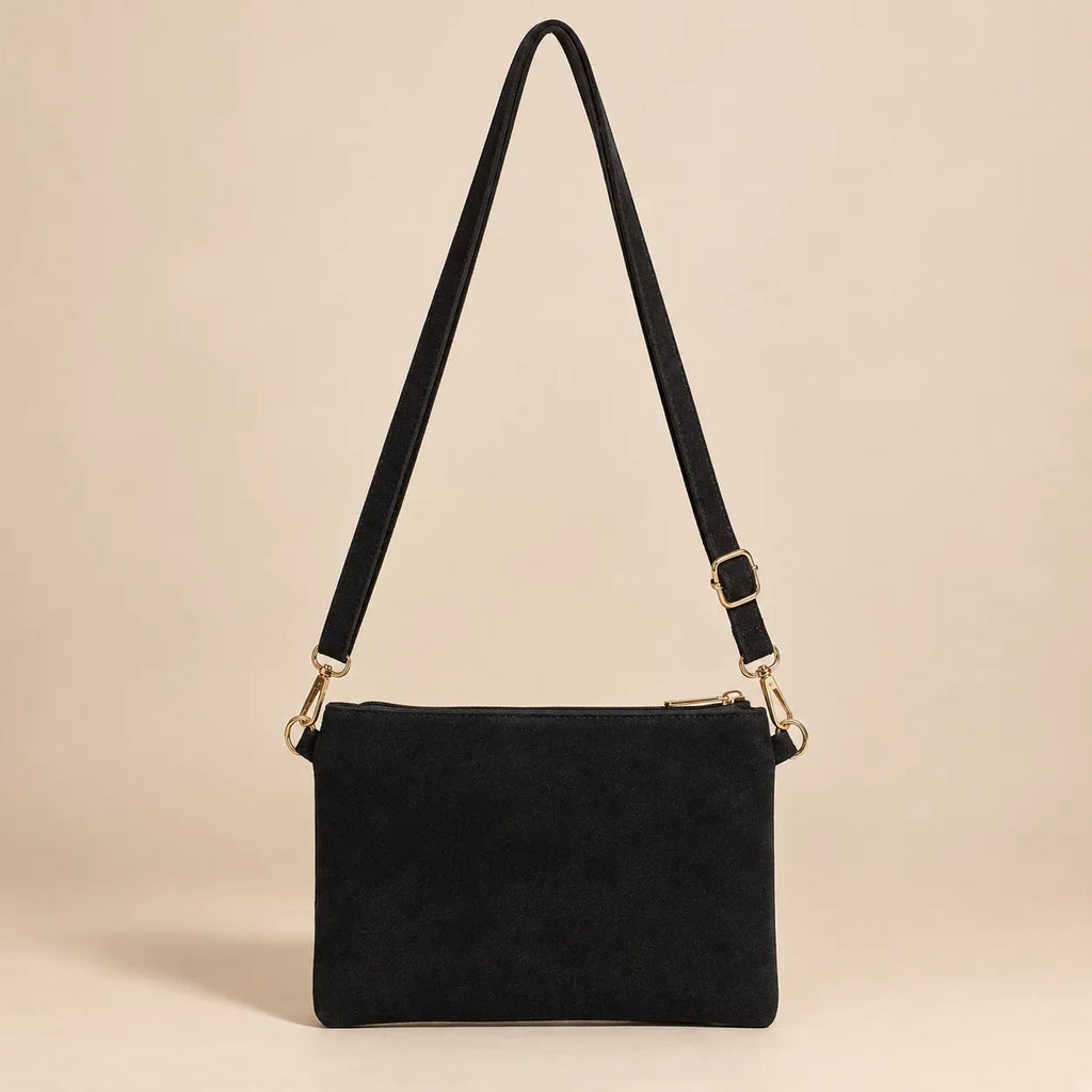Bolsa Transversal Feminina Pequena Camurça Franjas Boho Caramelo Preta
