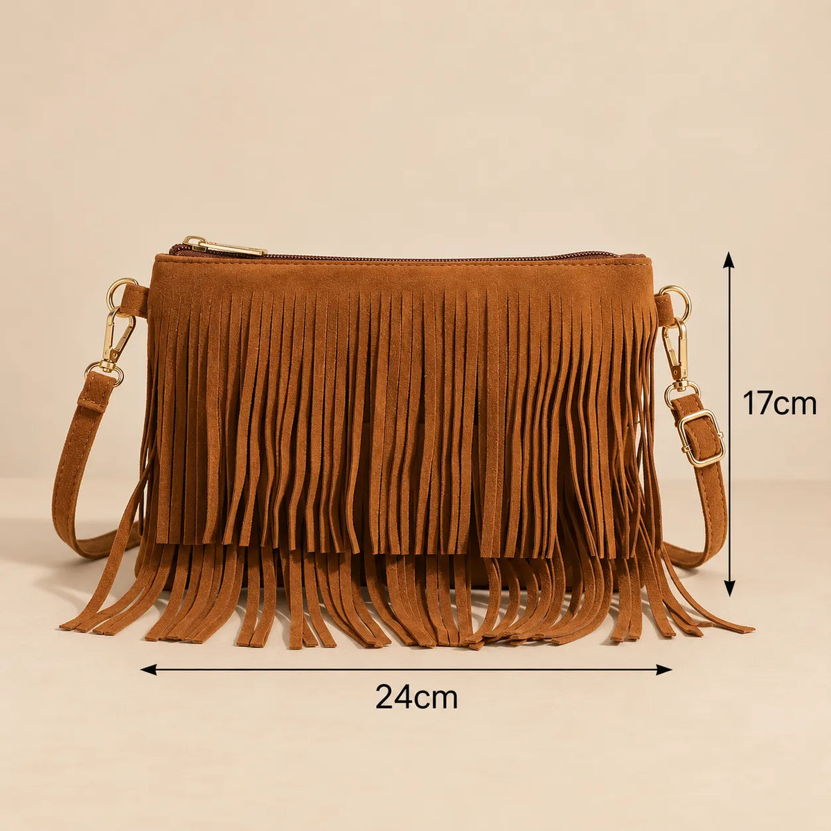 Bolsa Transversal Feminina Pequena Camurça Franjas Boho Caramelo Preta