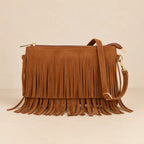 Bolsa Transversal Feminina Pequena Camurça Franjas Boho Caramelo Preta