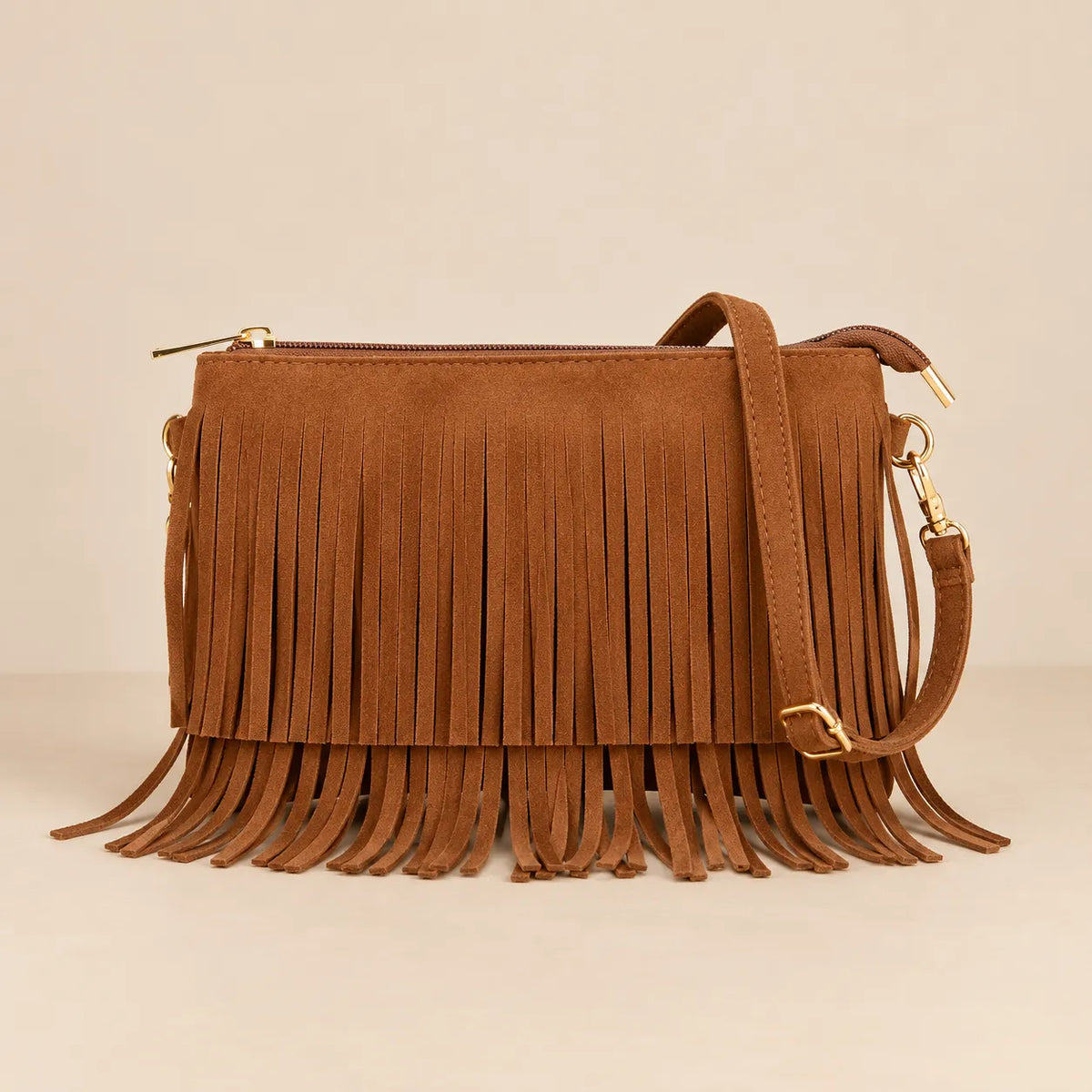 Bolsa Transversal Feminina Pequena Camurça Franjas Boho Caramelo Preta