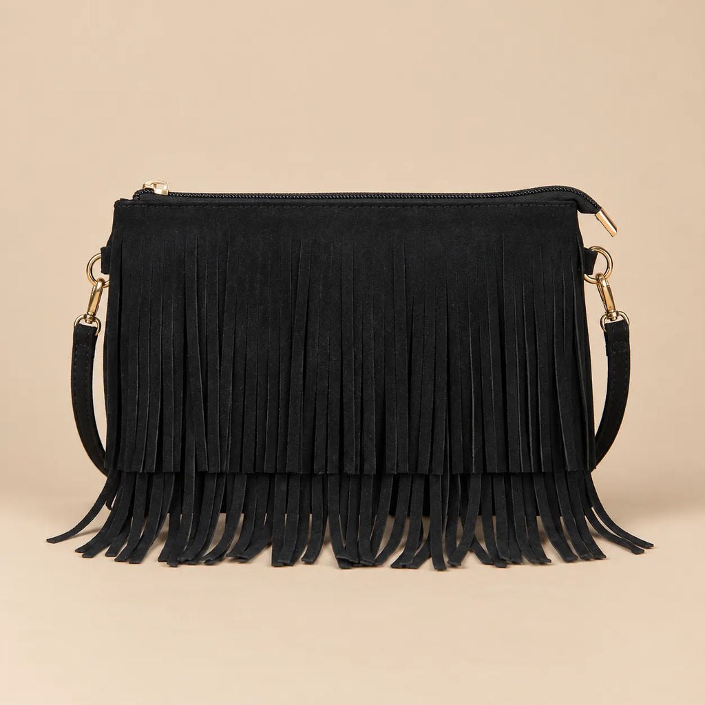 Bolsa Transversal Feminina Pequena Camurça Franjas Boho Caramelo Preta