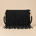 Bolsa Transversal Feminina Pequena Camurça Franjas Boho Caramelo Preta