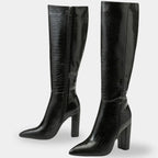 Bota preta feminina cano alto croco com zíper lateral e salto bloco elegante Firenze