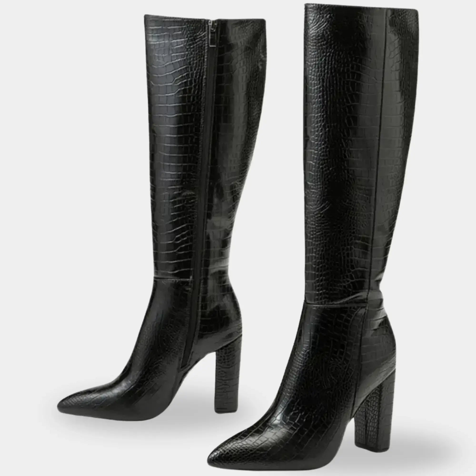 Bota preta feminina cano alto croco com zíper lateral e salto bloco elegante Firenze