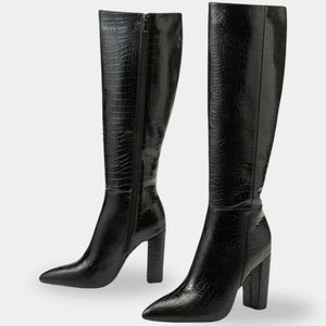 Bota preta feminina cano alto croco com zíper lateral e salto bloco elegante Firenze