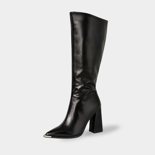 Bota feminina preta cano alto com bico fino e salto bloco elegante em acabamento premium