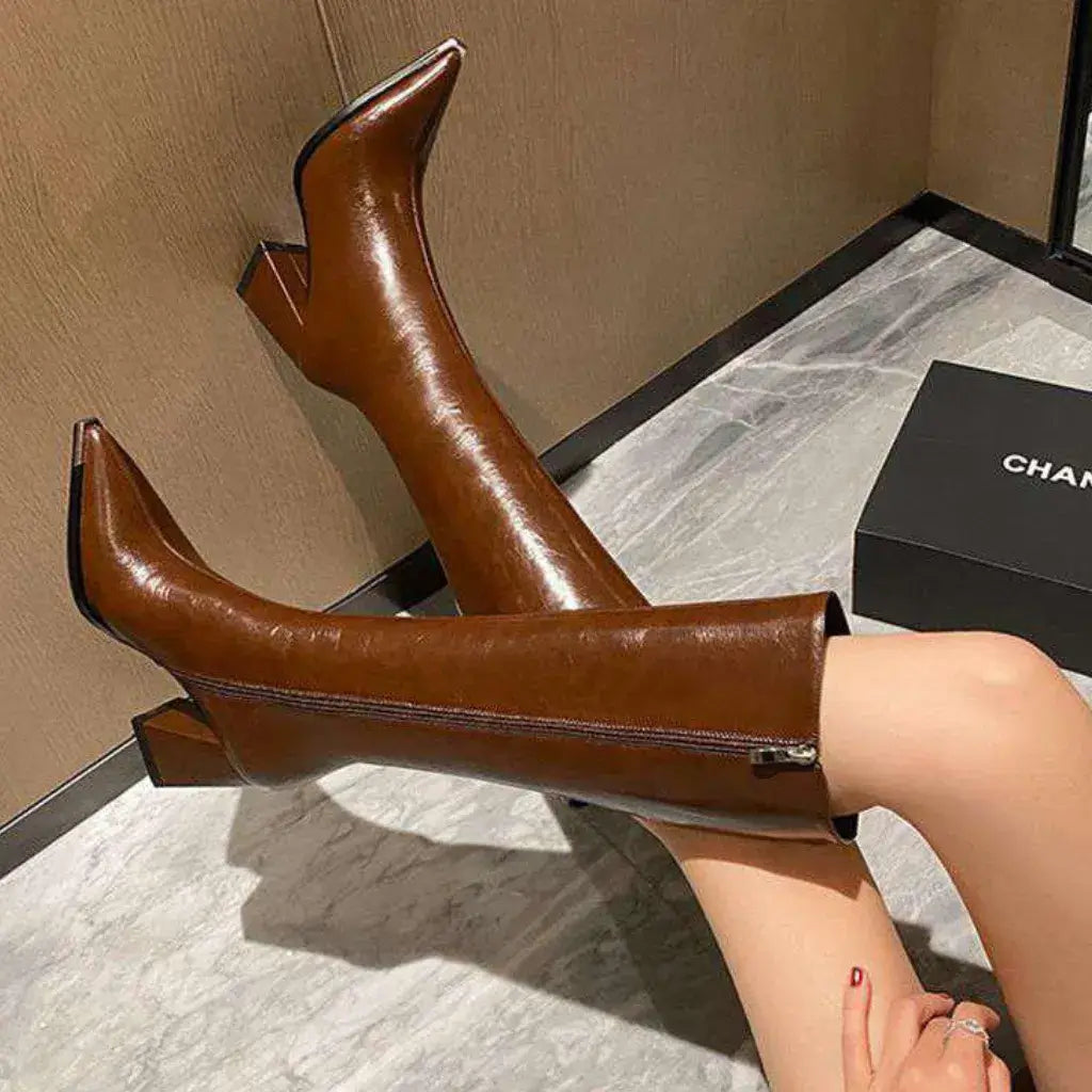 Bota Feminina Cano Longo Couro Salto Alto