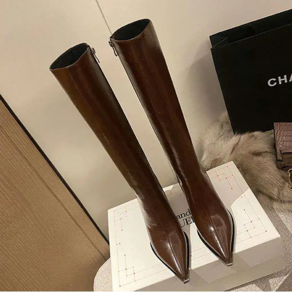 Bota Feminina Cano Longo Couro Salto Alto