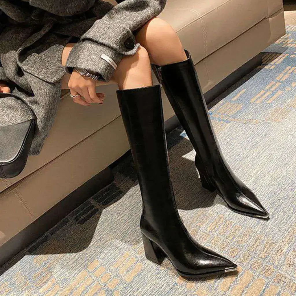 Bota Feminina Cano Longo Couro Salto Alto