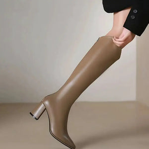 Bota Feminina Cano Longo Salto Grosso Bege