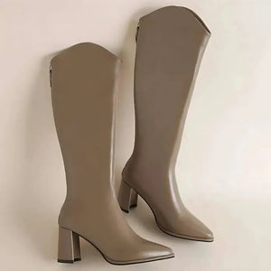 Bota Feminina Cano Longo Salto Grosso Bege