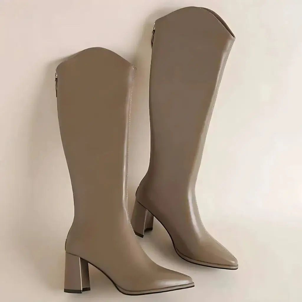 Bota Feminina Cano Longo Salto Grosso Bege