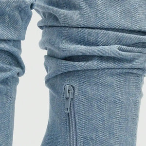 Bota feminina jeans premium cano médio franzido com salto fino e design moderno sofisticado