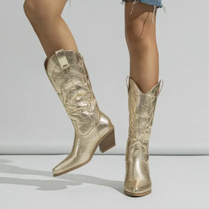 Bota Feminina Texana Dourado Metálico Western