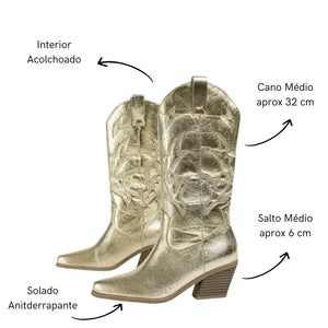 Bota Feminina Texana Dourado Metálico Western