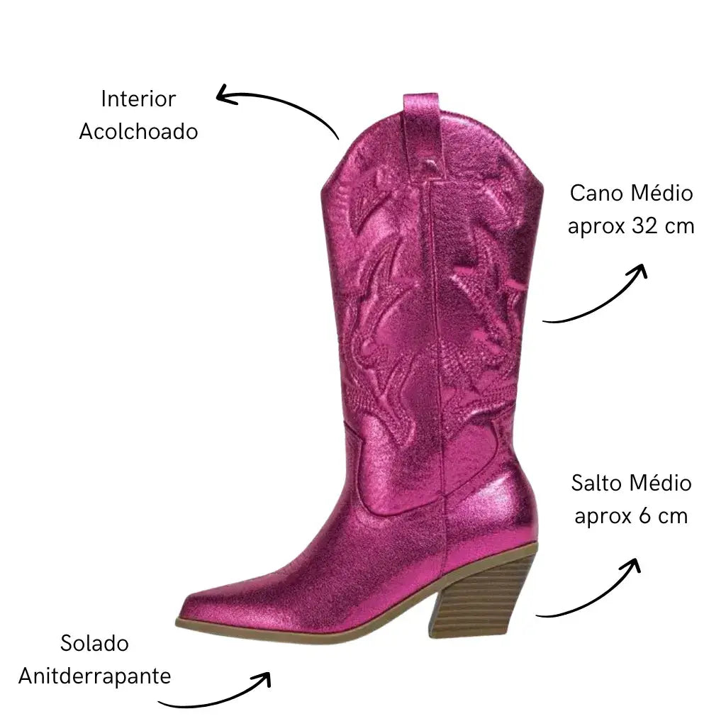 Bota Feminina Texana Pink Metálico Western