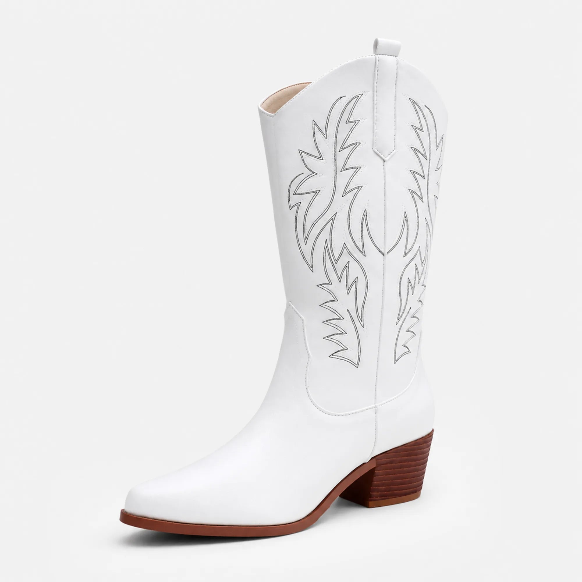 Bota texana feminina branca western bordada com salto baixo e cano médio elegante