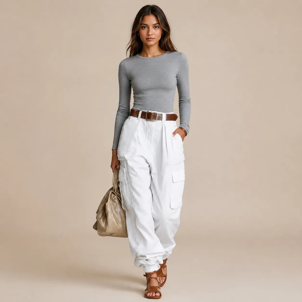 Calça Cargo Feminina Wide Leg Cintura Alta 