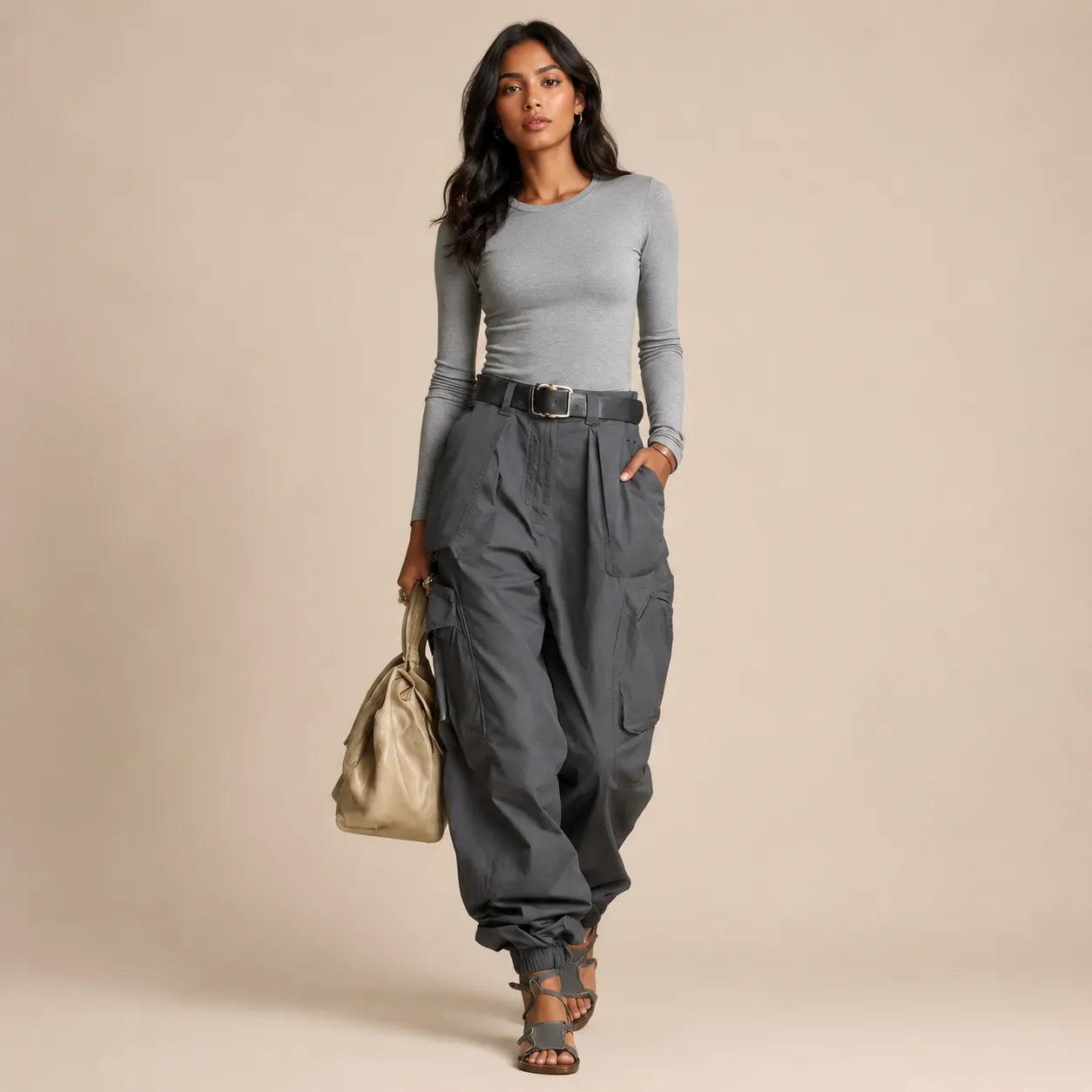 Calça Cargo Feminina Wide Leg Cintura Alta –  Cinza