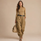 Calça Cargo Feminina Wide Leg Cintura Alta –  Marrom