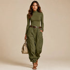 Calça Cargo Feminina Wide Leg Cintura Alta –  Verde