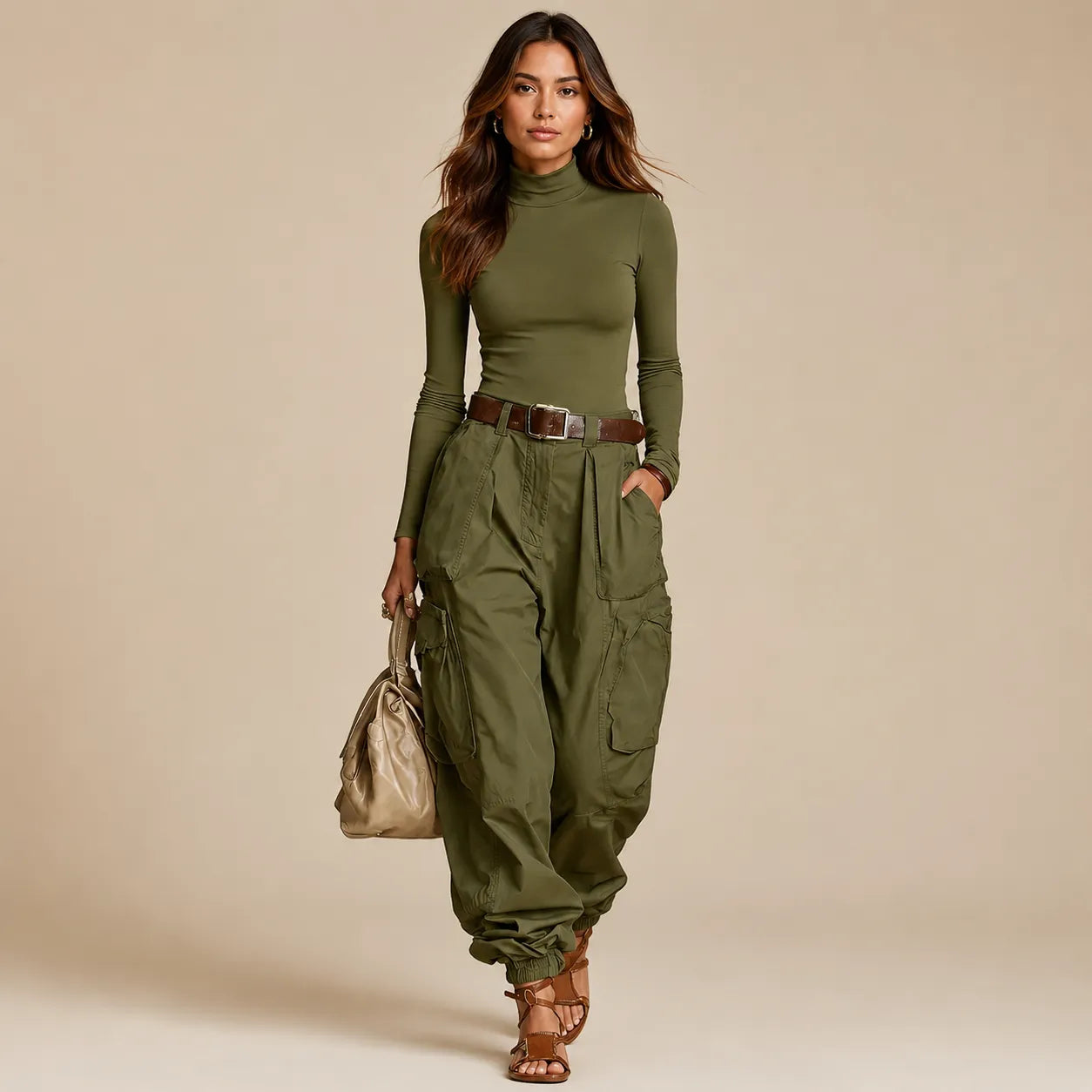 Calça Cargo Feminina Wide Leg Cintura Alta –  Verde