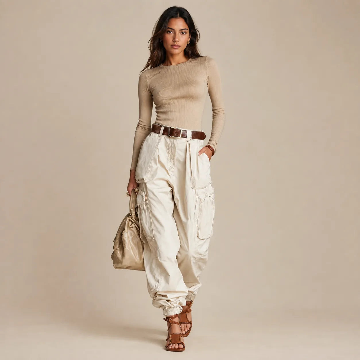 Calça Cargo Feminina Wide Leg Cintura Alta – bege
