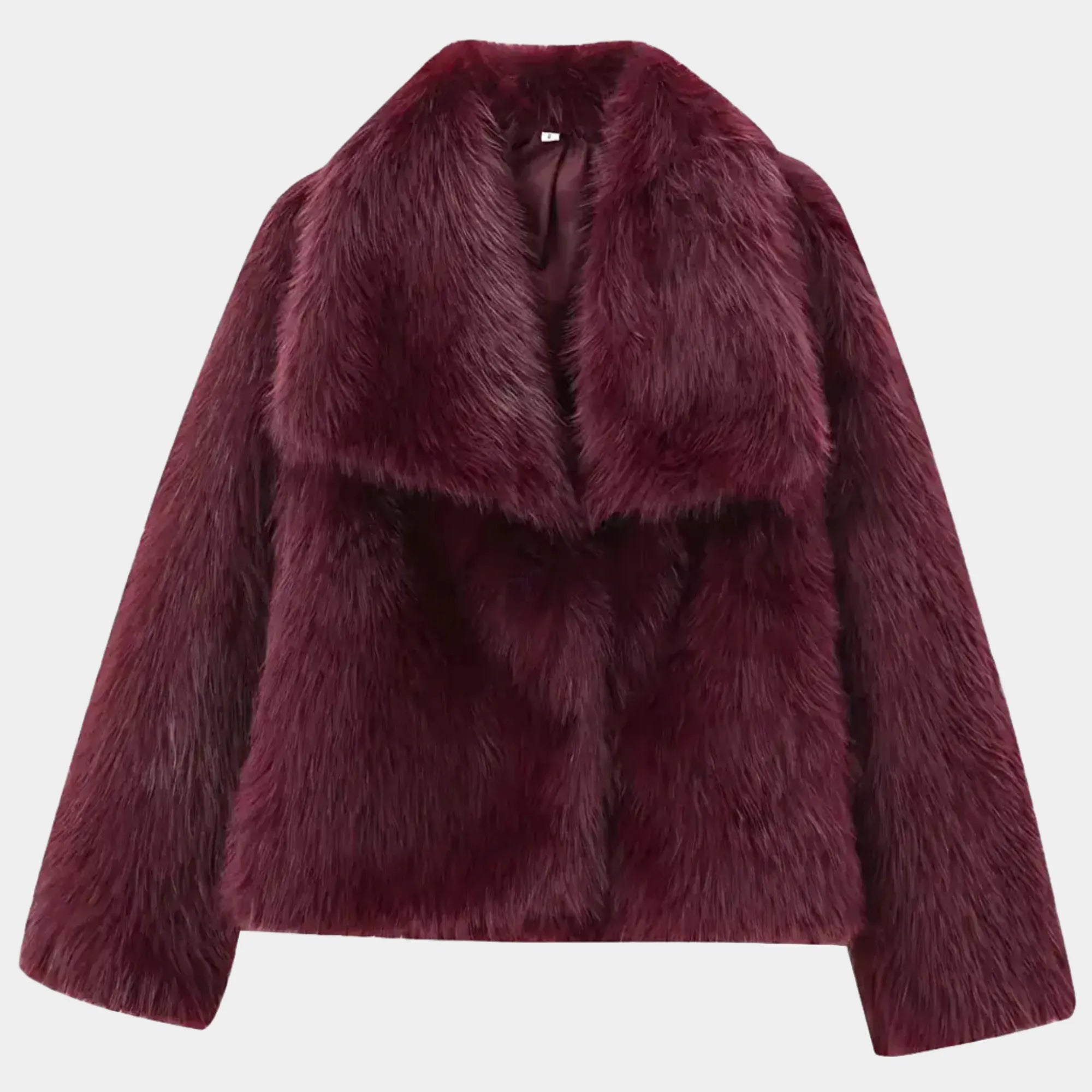 Casaco feminino vinho de pele sintética premium Florence com acabamento peluciado volumoso e textura sofisticada de inverno elegante