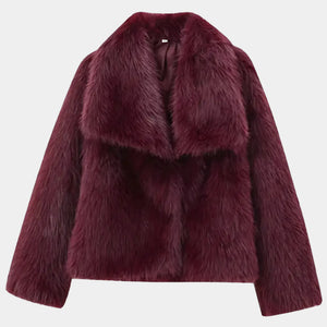 Casaco feminino vinho de pele sintética premium Florence com acabamento peluciado volumoso e textura sofisticada de inverno elegante
