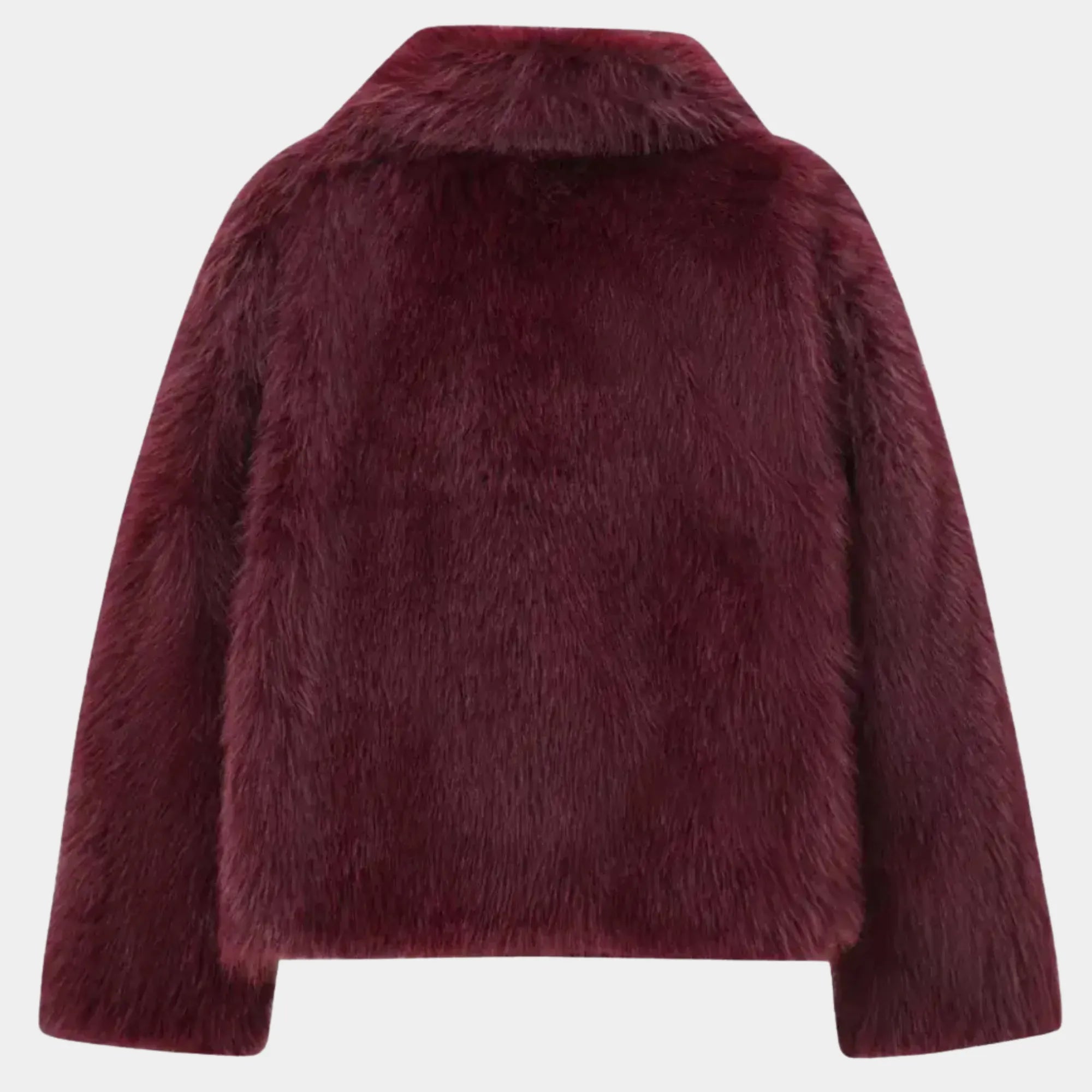 Parte traseira do casaco feminino vinho de pele sintética premium Florence com acabamento peluciado sofisticado e caimento elegante de inverno