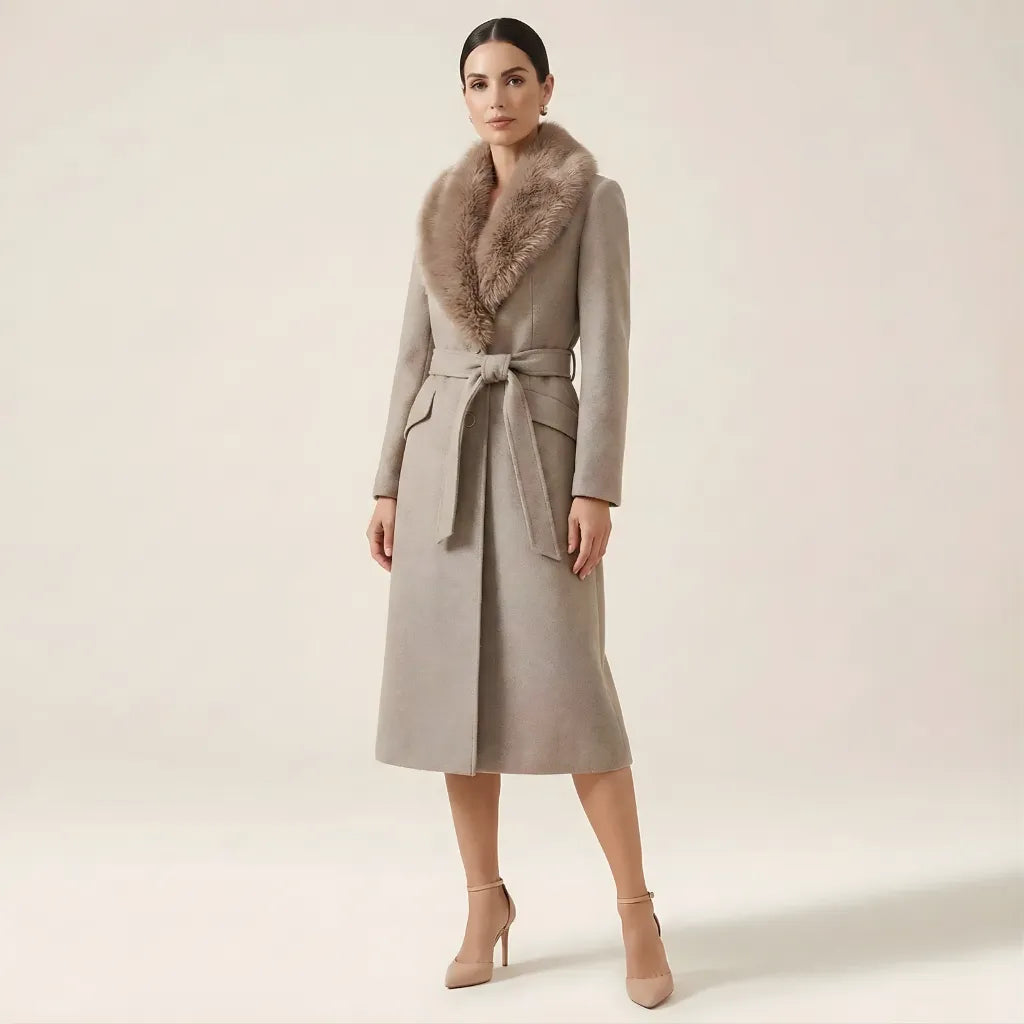 Detalhe do tecido lã batida bege casaco feminino inverno premium
