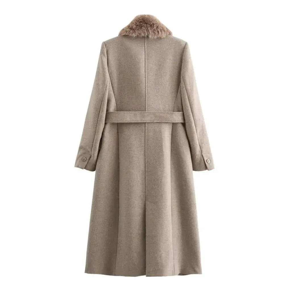 Casaco feminino longo bege com cinto ajustável e modelagem elegante