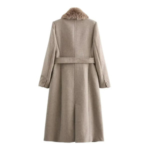 Casaco feminino longo bege com cinto ajustável e modelagem elegante