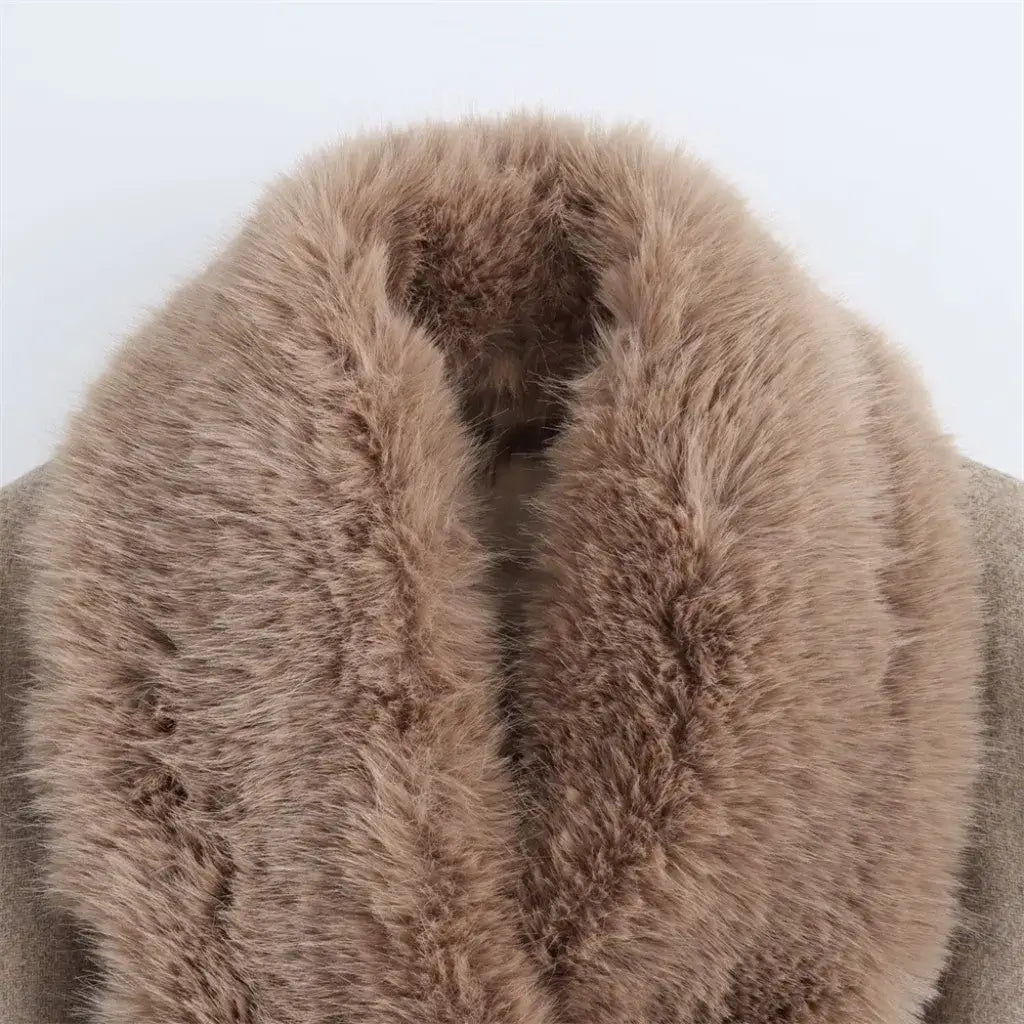 Gola de pelo sintético removível casaco longo feminino bege inverno