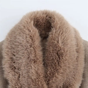 Gola de pelo sintético removível casaco longo feminino bege inverno