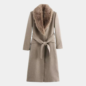 Detalhe do tecido lã batida bege casaco feminino inverno premium