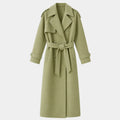 Casaco longo feminino verde sálvia em lã batida com cinto e modelagem elegante premium