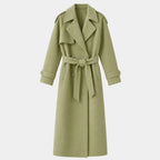 Casaco longo feminino verde sálvia em lã batida com cinto e modelagem elegante premium