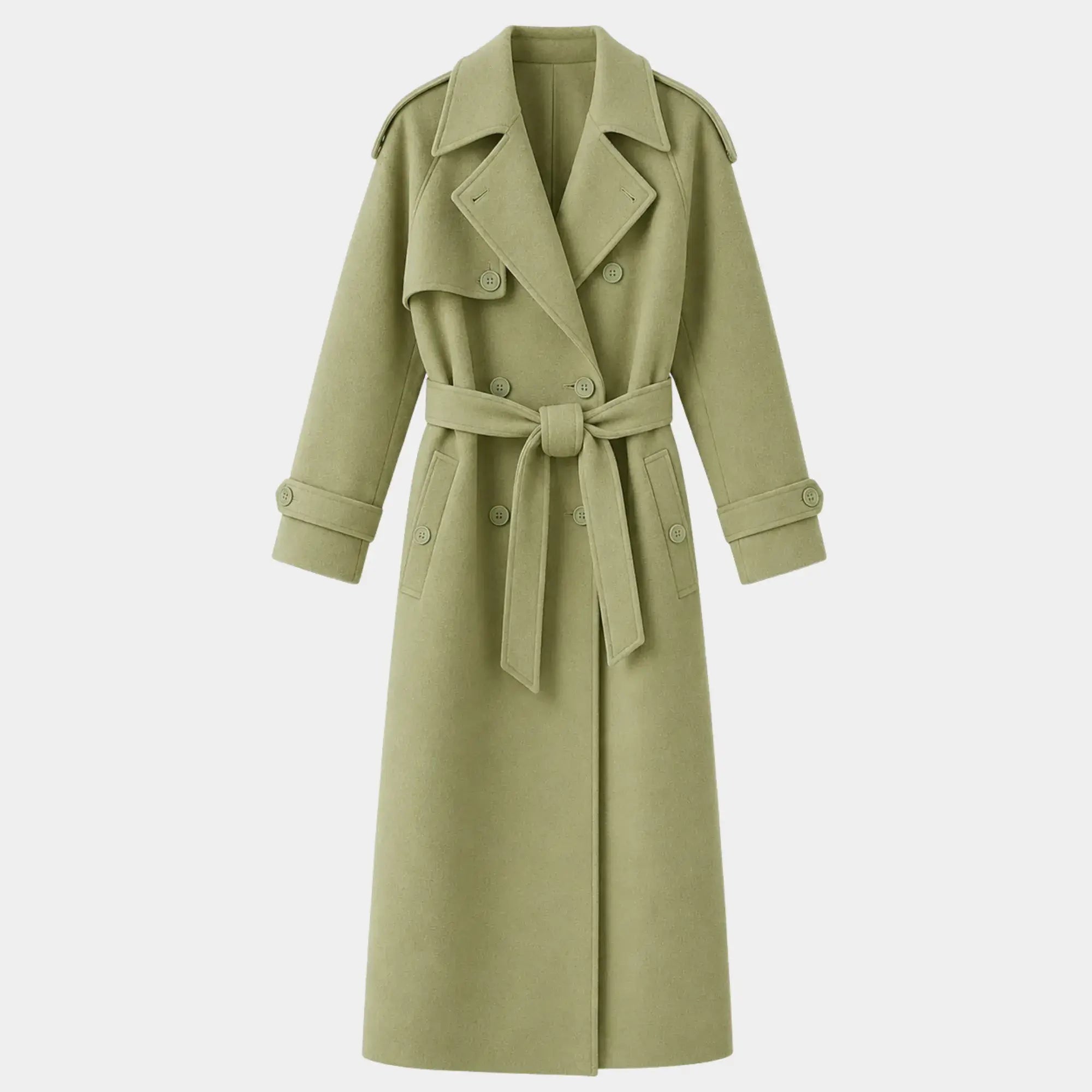 Casaco longo feminino verde sálvia em lã batida com cinto e modelagem elegante premium