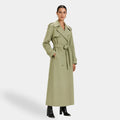 Trench coat feminino longo verde sálvia com gola ampla e acabamento sofisticado