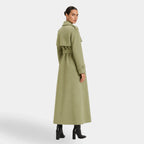 Casaco feminino de inverno verde sálvia longo com cintura ajustável e caimento elegante