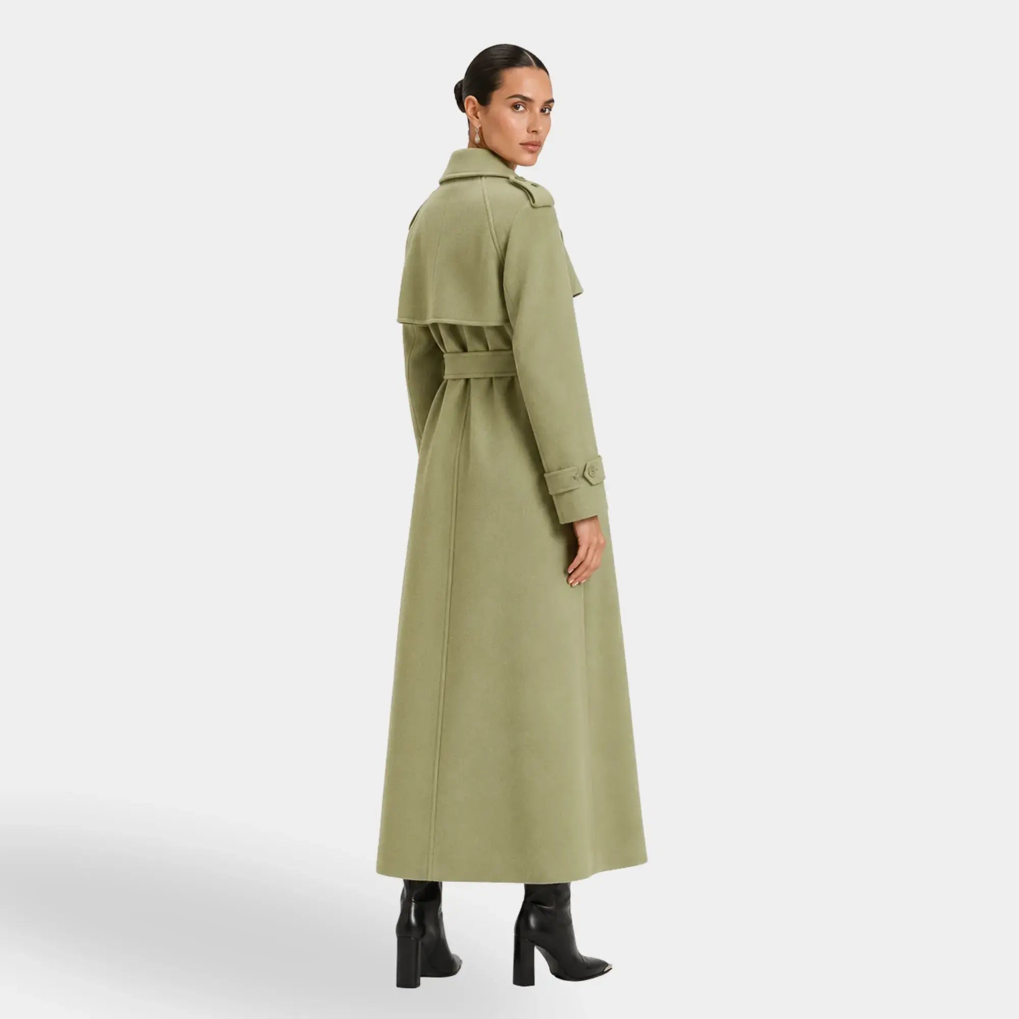 Casaco feminino de inverno verde sálvia longo com cintura ajustável e caimento elegante