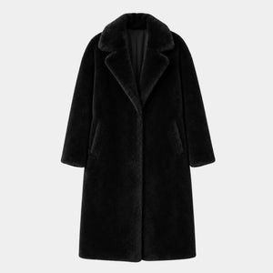 Casaco longo teddy feminino preto premium com acabamento peluciado elegante e modelagem sofisticada clean luxury para inverno feminino