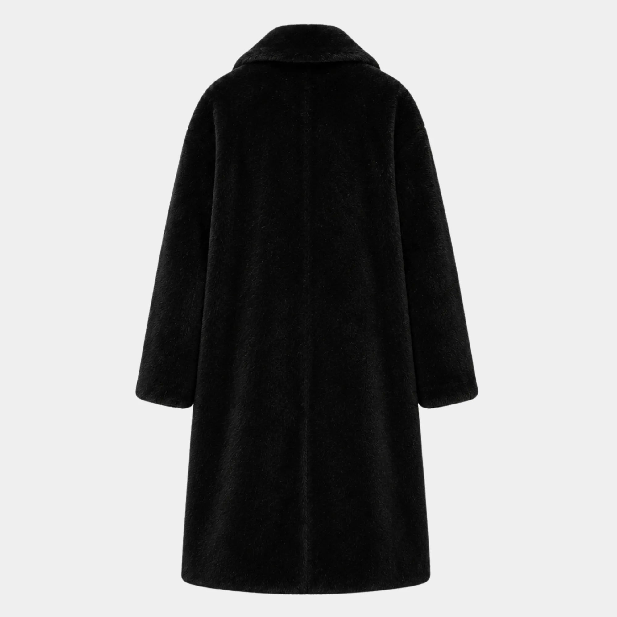 Vista traseira do casaco longo teddy feminino preto premium com modelagem sofisticada e acabamento peluciado elegante para inverno clean luxury