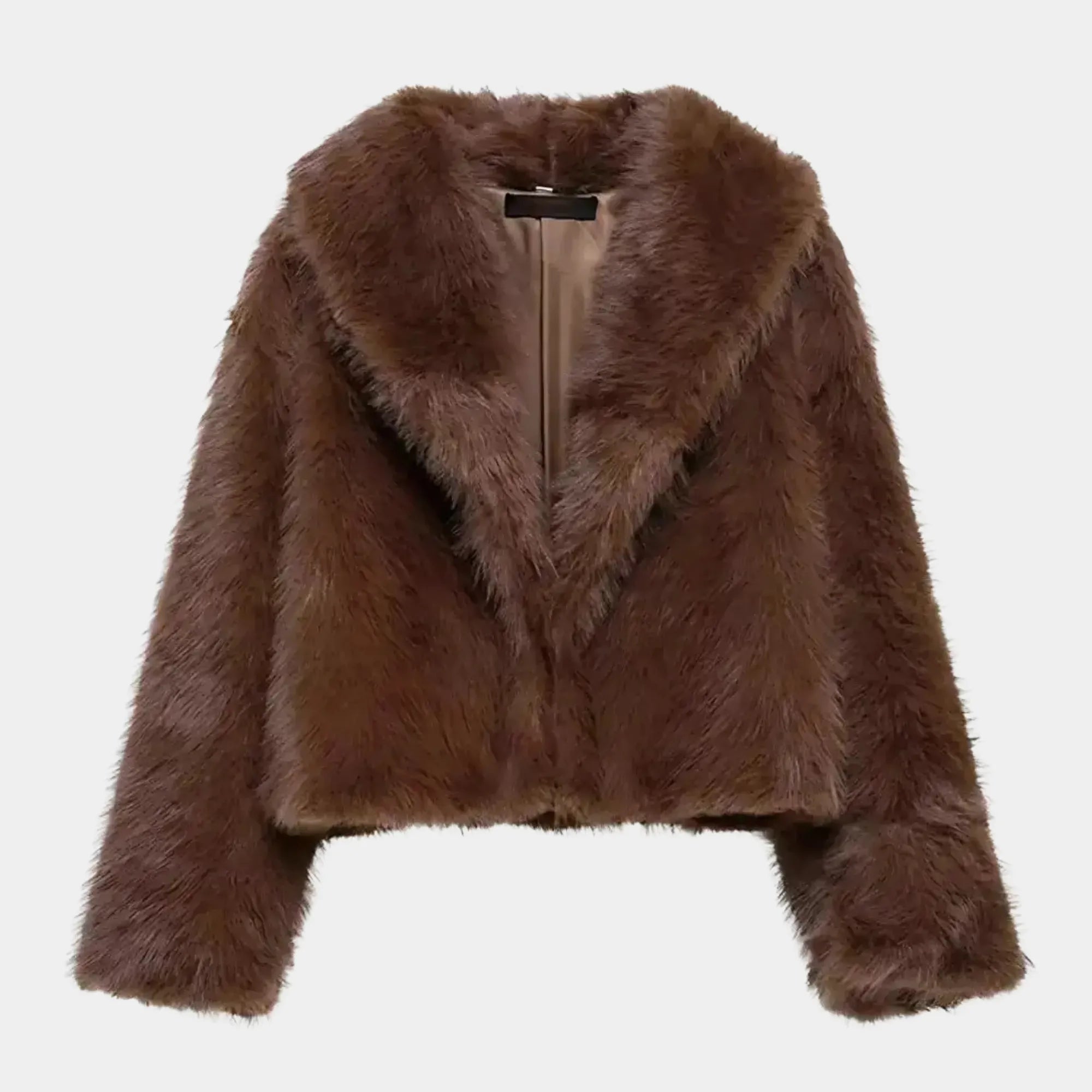 Casaco de Pele Feminino Marrom Peluciado Premium com Modelagem Cropped Sofisticada
