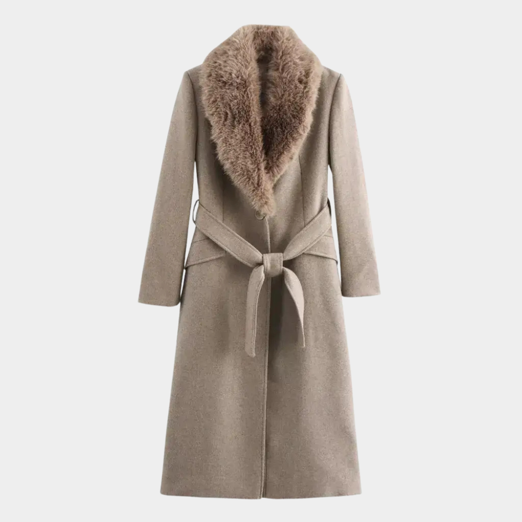 Casaco Longo Feminino Bege Lã Batida Elegante com Gola de Pelo
