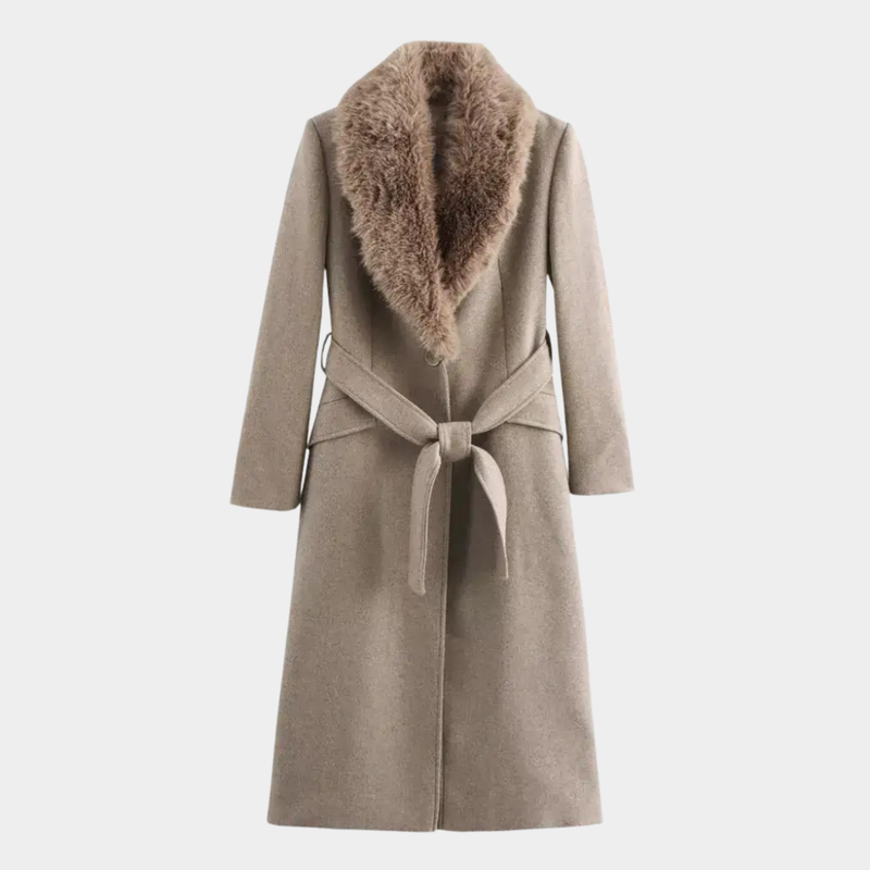 Casaco Longo Feminino Bege Lã Batida Elegante com Gola de Pelo
