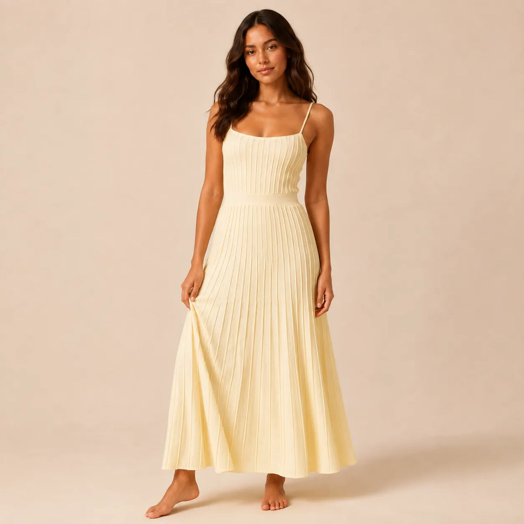 Vestido Feminino Midi Plissado Alça Fina – Ivy